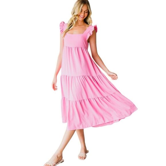 Reborn J Dresses & Skirts - Pink Ruffled Sleeveless Tiered Midi Dress NWT | Reborn J